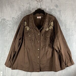 Quacker Factory Women's Denim Jacket 3X Brown Rhinestones Pearls‎ Beaded Paisley
